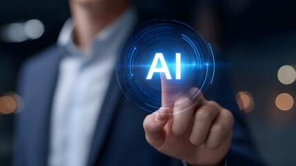 AI file icon in a digital blue circle. Artificial intelligence, data processing, futuristic technology, and smart document management