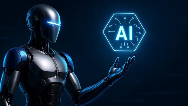 Futuristic robot with glowing visor points at AI icon in neon lit space, showing high tech AI Results and Search Interface in digital robot interaction scene