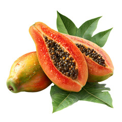 Juicy ripe papaya halves with green leaves on black background