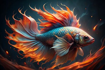 Fototapeta premium Vibrant betta fish with fiery fins and iridescent scales swimming in dark bubbling waters