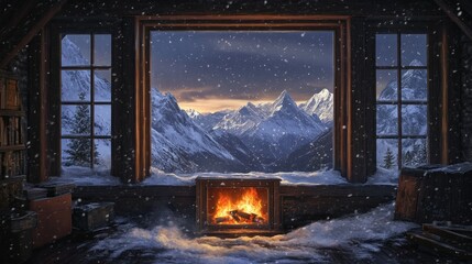 Cozy attic room with large windows showcasing a snowy mountain range at sunset, a crackling fireplace providing warmth amidst falling snow