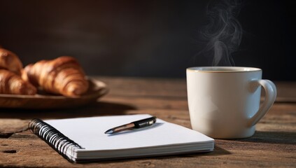 Still life of pastries, coffee, and a notebook