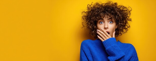 The surprised woman expresses shock against a vibrant yellow backdrop.