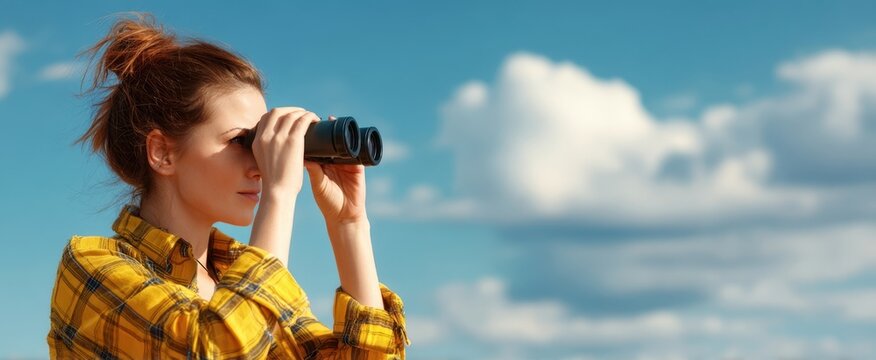 The woman using binoculars to explore a beautiful outdoor landscape. - Powered by Adobe