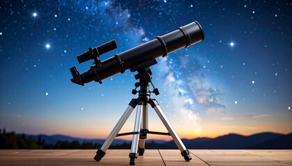 Telescope on wooden deck under starry sky