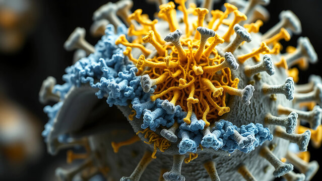 Cryo-EM reconstruction of Ebola virus,
filamentous nucleocapsid core (gold),
surface glycoprotein spikes (blue)