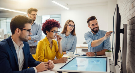 A diverse team of professionals collaborating around a large interactive screen and table, discussing data and brainstorming ideas in a contemporary office setting.