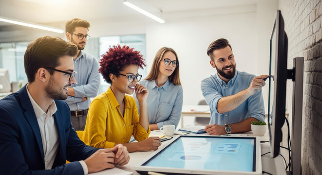 A diverse team of professionals collaborating around a large interactive screen and table, discussing data and brainstorming ideas in a contemporary office setting.