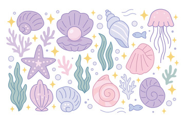 Hand-drawn pastel underwater set with seashells, corals, starfish, jellyfish, seaweed. Cute ocean-themed simple flat vector illustration on white background in soft colors. Summer stickers for kids