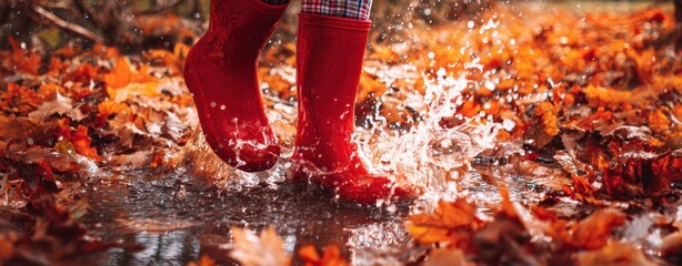 The vibrant red boots splashing in autumn leaves and puddles