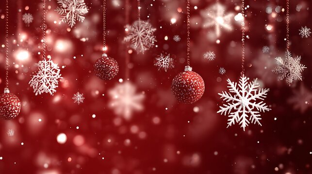 Red Christmas card background with festive decorations snowflakes and soft glow for holiday design - Powered by Adobe