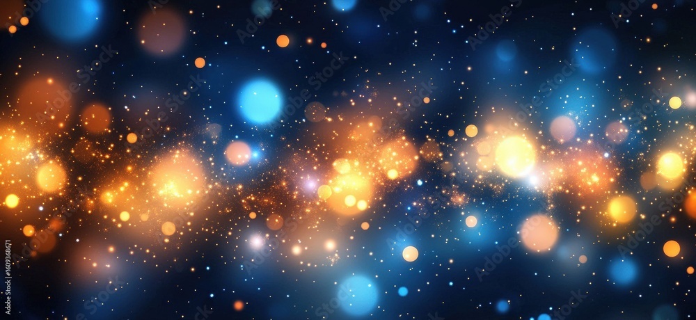 Poster a vibrant abstract background featuring glowing blue and orange bokeh lights with sparkles scattered