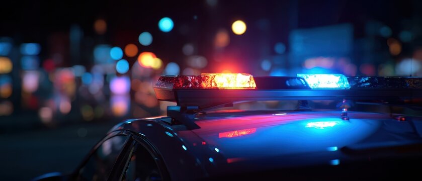 The police car with flashing lights illuminated in a vibrant city nightlife scene.