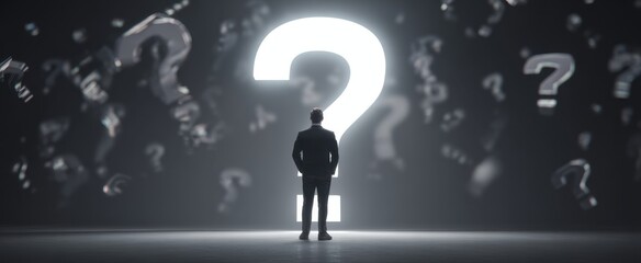 The businessman standing before a large illuminated question mark backdrop.