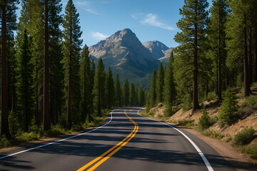 Serene Mountain Road Cutting Through a Forest with a Panoramic View of Majestic Mountains