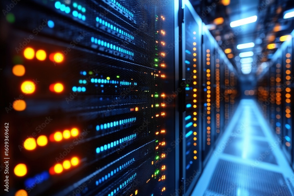 Poster a close-up view of a server room with illuminated led indicators on computer racks in a data center 