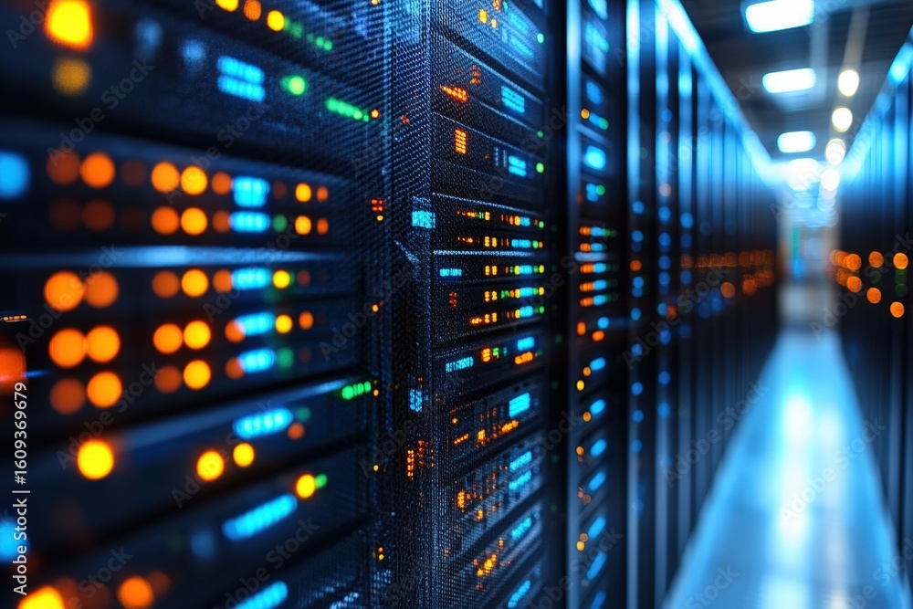 Poster a close-up of a server room with illuminated network racks displaying colorful led status lights in 