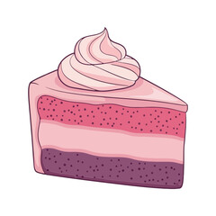 Cute Pink Layered Cake Slice with Swirl Cream Topping Vector Sticker Design