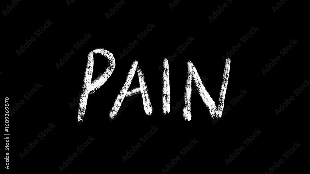 Poster animated pain word with a white chalkboard texture on a black background for visualizing sadness suf