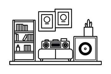 Retro Modern Living Room With Record Wall And Turntable