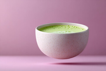 Matcha latte floating in a ceramic bowl on pink background
