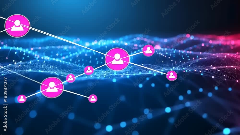 Poster abstract digital network illustration showing interconnected user icons over a glowing background