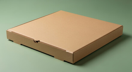 Closed brown cardboard pizza box for food delivery on a green background.