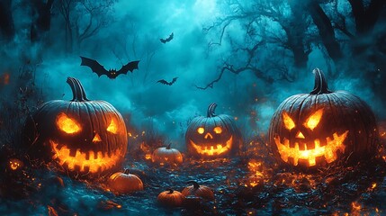 Naklejka premium Spooky Jack O Lanterns glowing in a dark forest with flying bats halloween pumpkin