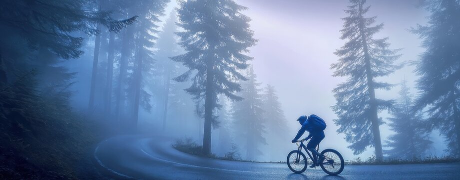 The cyclist navigating a misty road through an enchanting forest landscape.