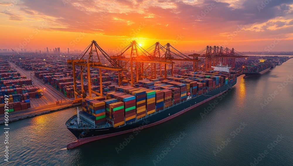 Poster a large container ship is docked at a busy port at sunset, with cranes unloading colorful shipping c