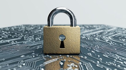 Data security concept depicting a padlock over an intricate circuit board