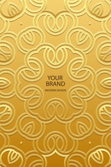 Ethnic gold background, tribal design cover, banner, wallpaper. Geometric gold pattern, embossing. Ornaments, arabesques, mandala, fresco. Artistic traditions of the East, Asia, India, Mexico, Aztec.