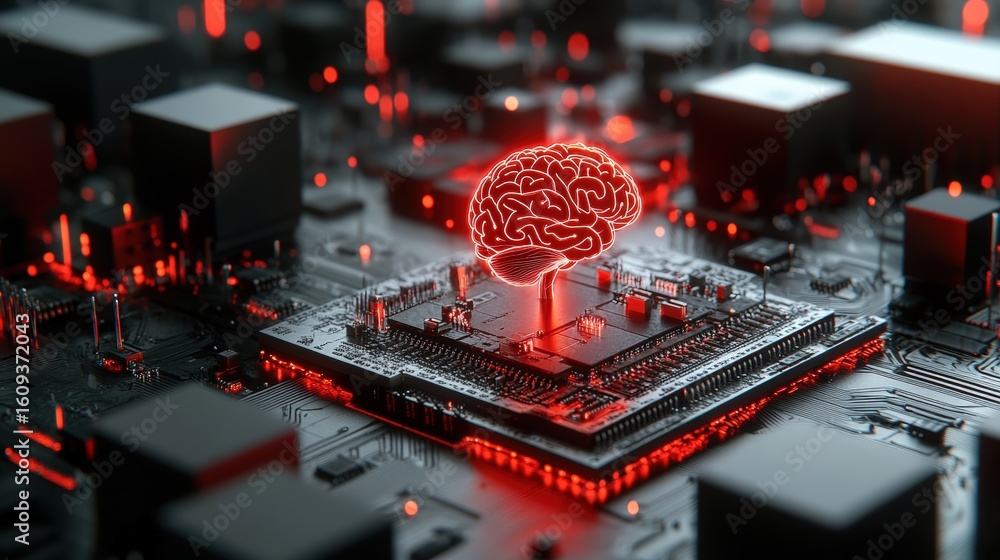 Poster a glowing red brain hologram is projected above a microchip on a futuristic circuit board, symbolizi