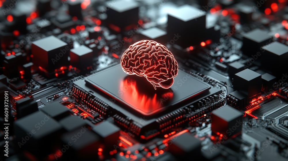 Poster a glowing digital brain sits atop a microchip on a futuristic circuit board with red and black light