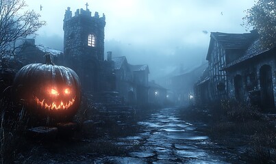 Spooky Jack O Lantern illuminates a foggy cobblestone street in a haunted village halloween
