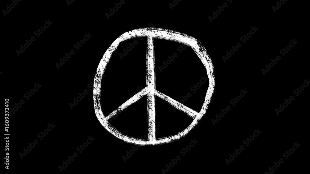 Poster animated peace sign with a white chalkboard texture on a black background for visualizing harmony no