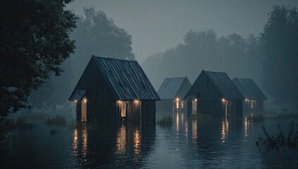 Foggy, wooden cabins on a flooded forest at night
