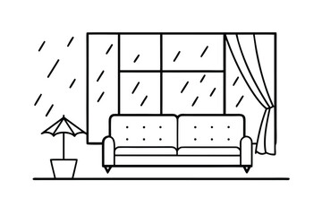 Rainy Day Living Room Scene With Cozy Couch