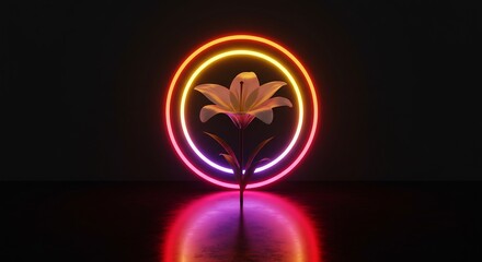 Vibrant Glowing Lily Flower with Concentric Neon Light Rings Casting Colorful Reflections in a Dark, Futuristic Setting