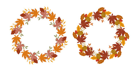 Fototapeta premium Fall wreath with leaves. Fall leaves illustration. Autumn wreath design. Fall graphics for holiday cards, templates, thanksgiving design. Leaf Flat illustration. Fall Poster template
