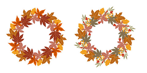 Fall wreath with leaves. Fall leaves illustration. Autumn wreath design. Fall graphics for holiday cards, templates, thanksgiving design. Leaf Flat illustration. Fall Poster template