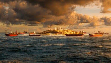 Dramatic seascape, golden hour, ships and island