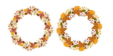 Fall wreath with leaves. Fall leaves illustration. Autumn wreath design. Fall graphics for holiday cards, templates, thanksgiving design. Leaf Flat illustration. Fall Poster template