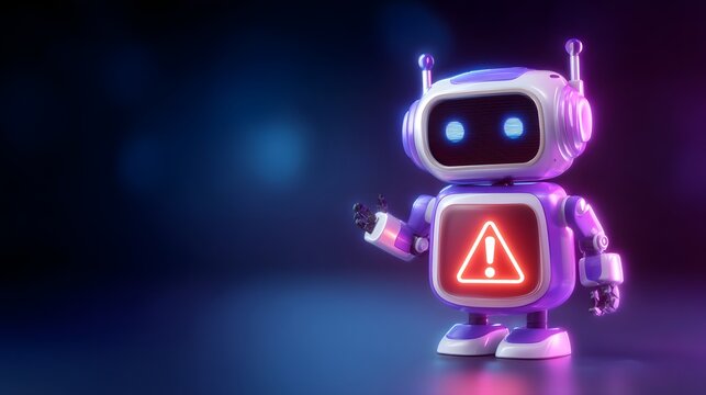 Cute robot with warning sign on chest, glowing in neon lights. AI error, technology alert, artificial intelligence caution concept.