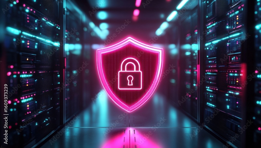 Poster a glowing neon shield with a lock icon represents cybersecurity protection inside a futuristic data 