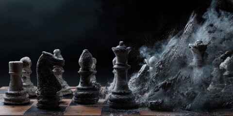 Chess pieces engulfed in a dust cloud