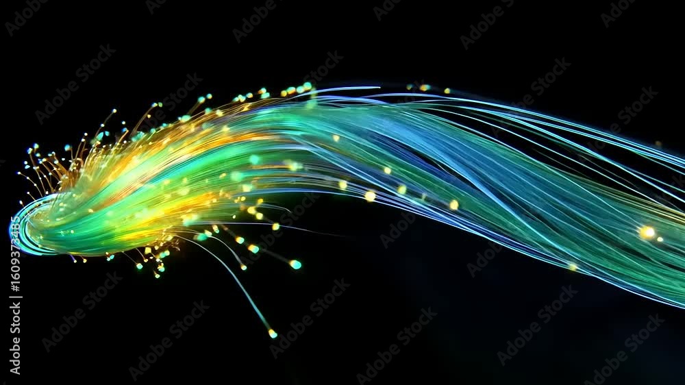 Poster vibrant abstract representation of flowing light trails in a dark background, showcasing dynamic mov