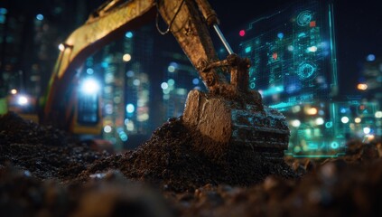 Night construction site with excavator and overlayed data