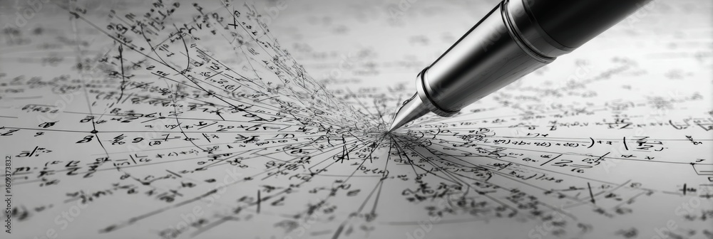Poster mathematical formulas flowing from a pen creating an abstract design on a blank page in a creative s