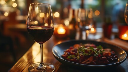 Naklejka premium Red wine glass and meal served on rustic restaurant table with indoor warm light ambiance